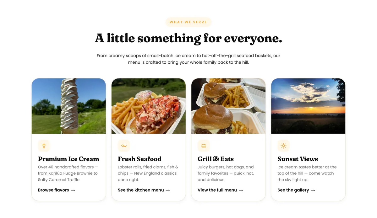Dresser Hill Ice Cream Bar — What they serve, in four tiles